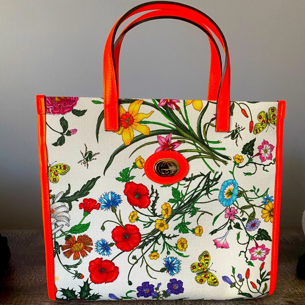 Gucci Bag Trimmed Printed Flora Orange Canvas
